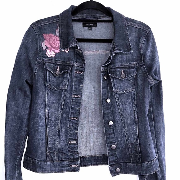 Dark Denim Front Floral Patch Jean Jacket size small - Picture 1 of 5